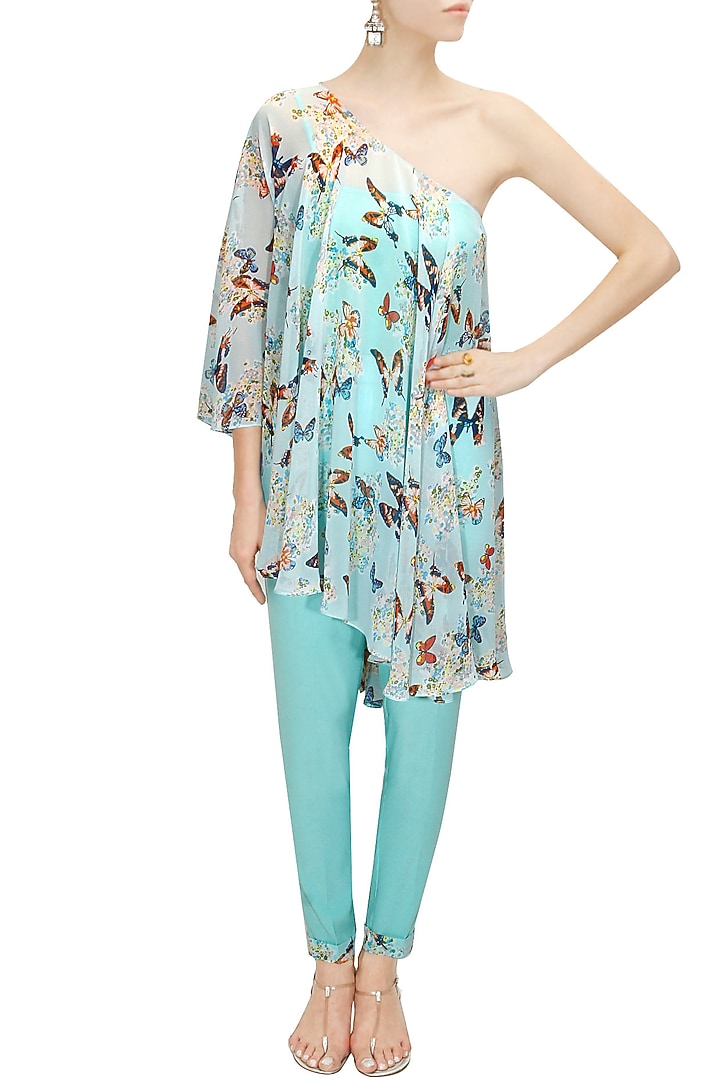 Aqua off shoulder printed cape with pants available only at Pernia's Pop-Up Shop.