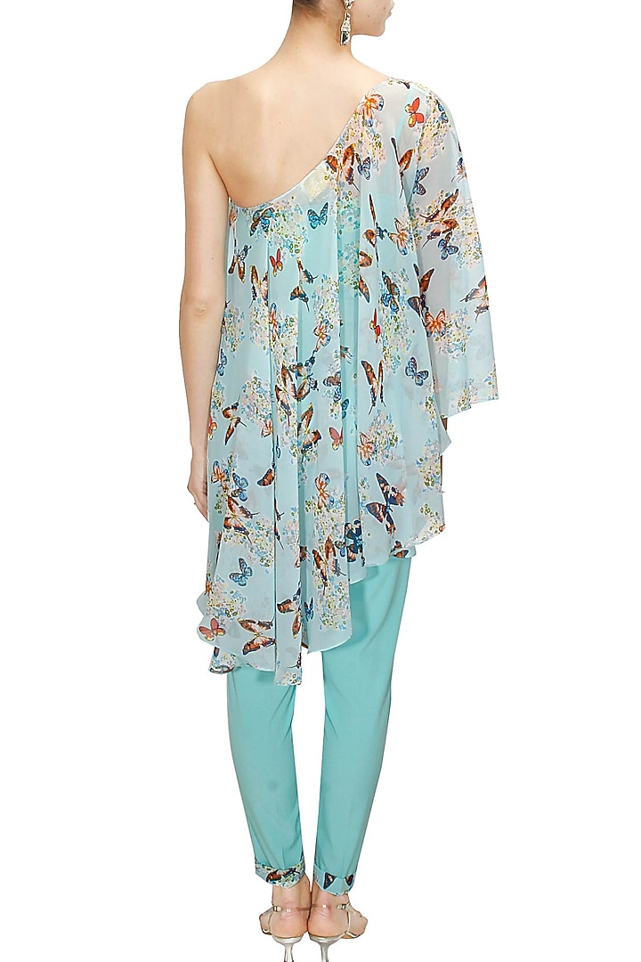 Aqua off shoulder printed cape with pants available only at Pernia's Pop-Up Shop.
