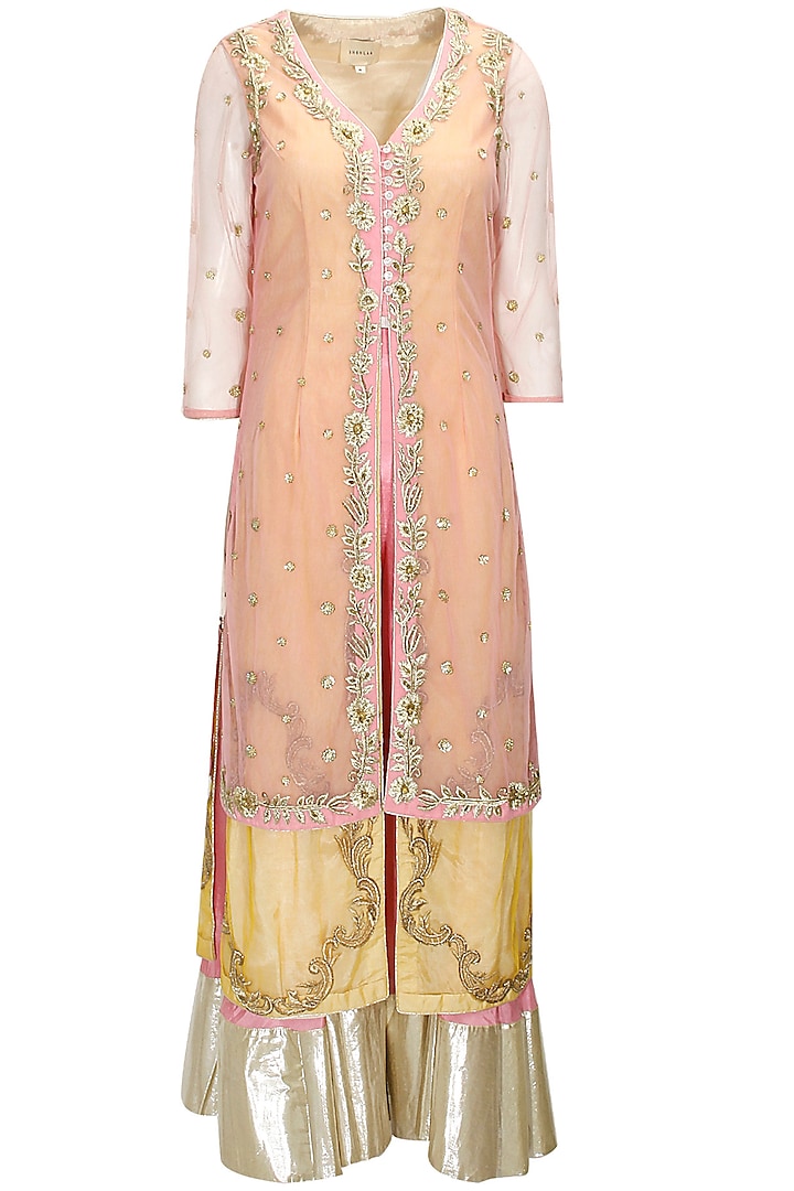 Pink and yellow floral embroidered jacket kurta with pink sharara available only at Pernia's Pop-Up Shop.