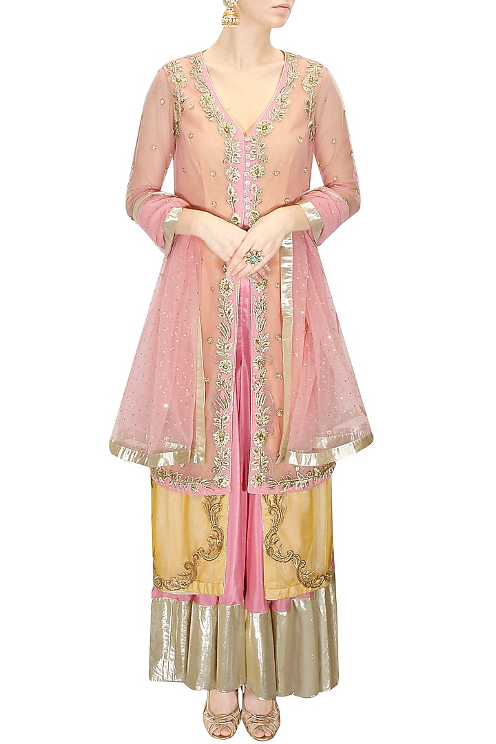 Pink and yellow floral embroidered jacket kurta with pink sharara available only at Pernia's Pop-Up Shop.