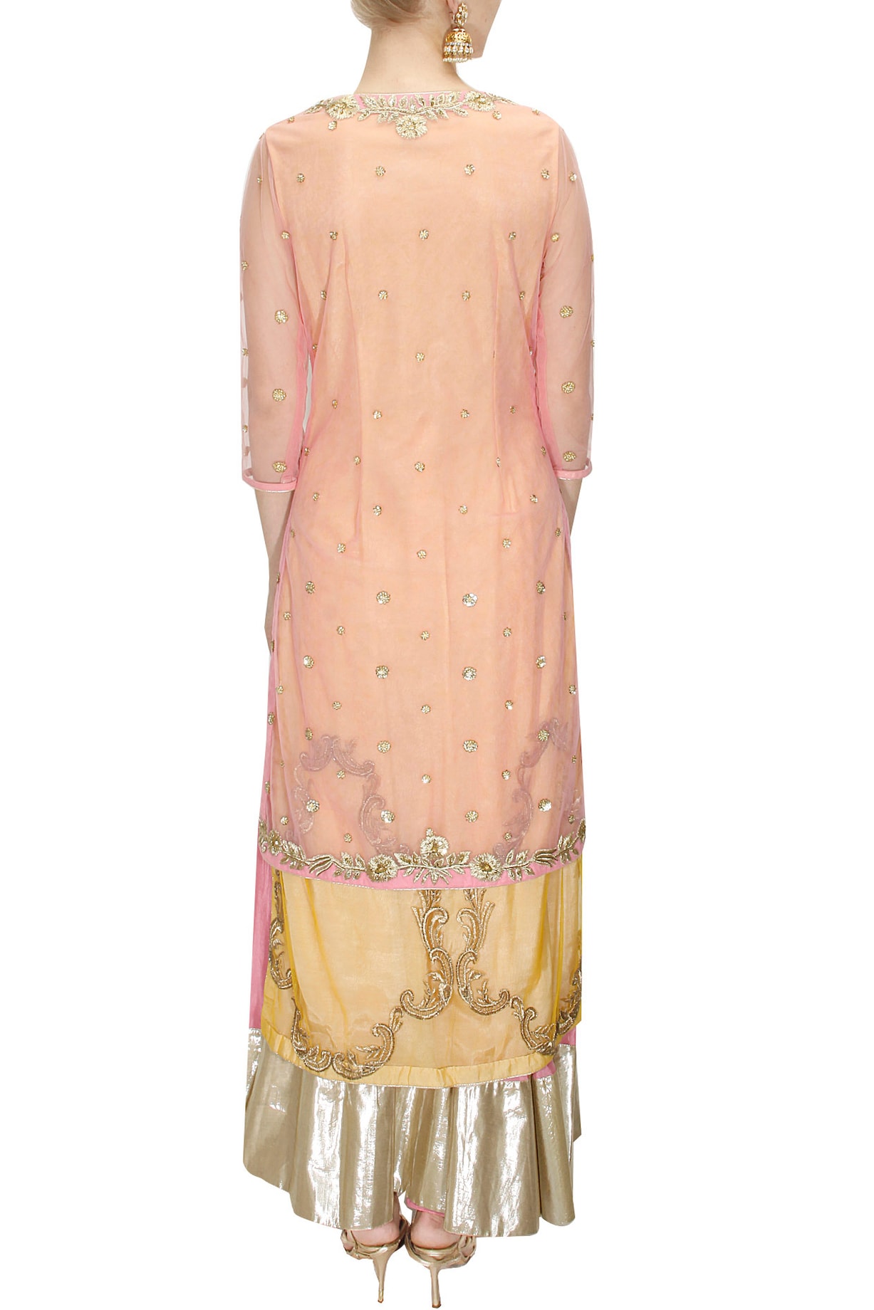 Pink Kurta With Floral Embroidered Jacket And Pyjama