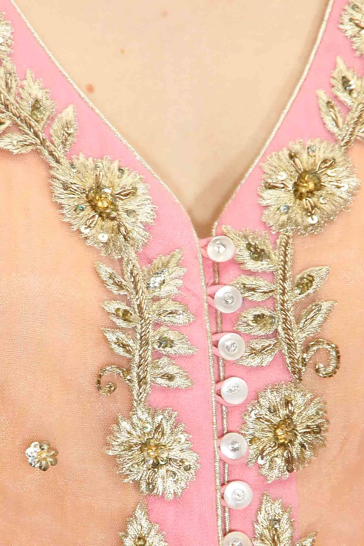 Pink and yellow floral embroidered jacket kurta with pink sharara available only at Pernia's Pop-Up Shop.