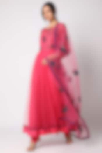 Pink Net Floral Applique Anarkali Set by Shehla Khan