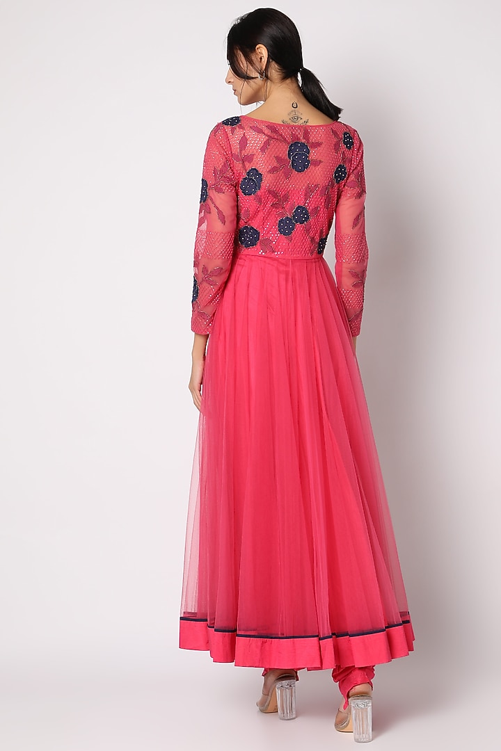 Pink Net Floral Applique Wedding Anarkali Set by Shehla Khan at Pernia's Pop Up Shop