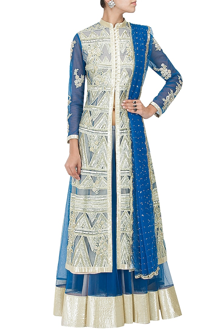 Blue gota applique jacket with lehenga available only at Pernia's Pop-Up Shop