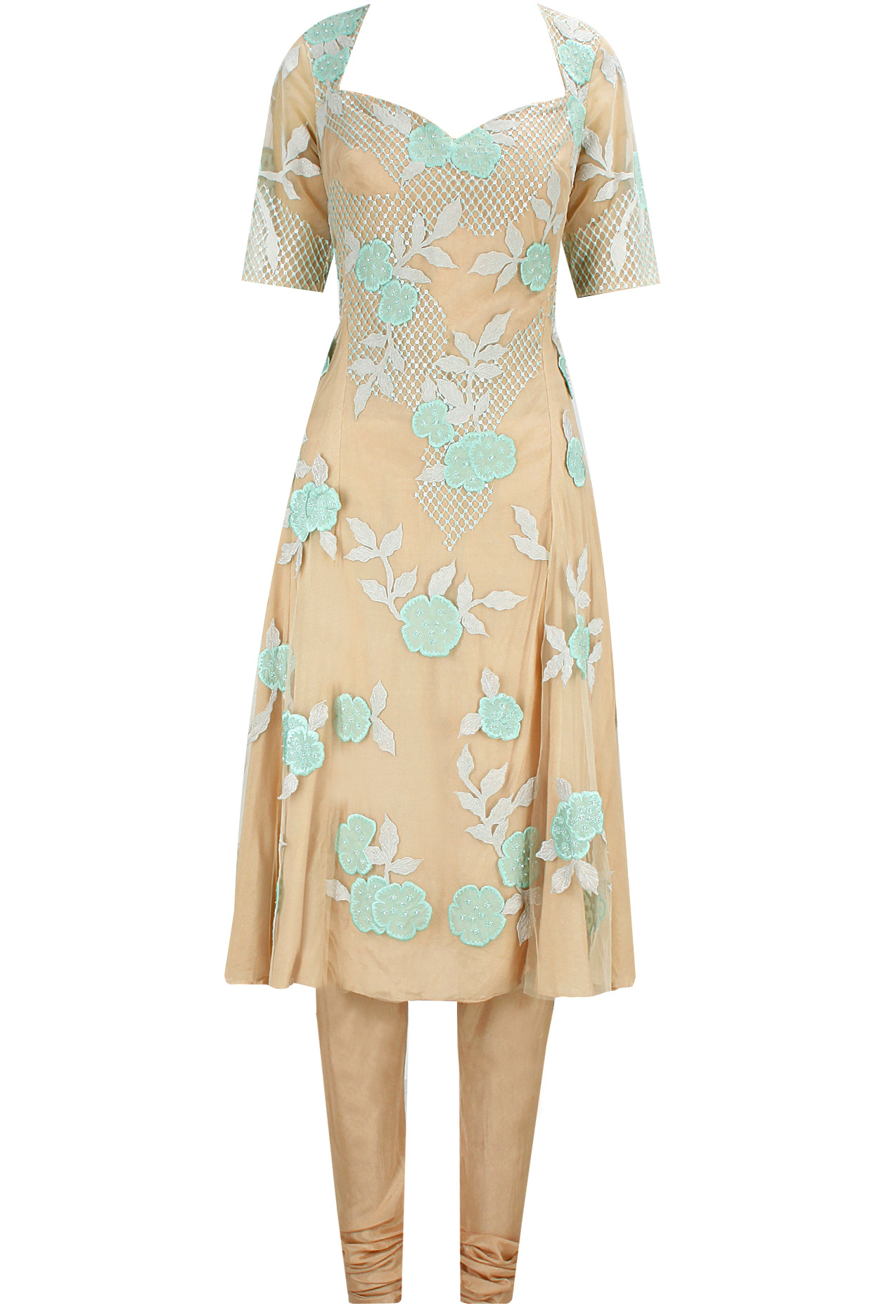 Nude green patchwork and sequins embroidered kurta set available only at Pernia's Pop-Up Shop.