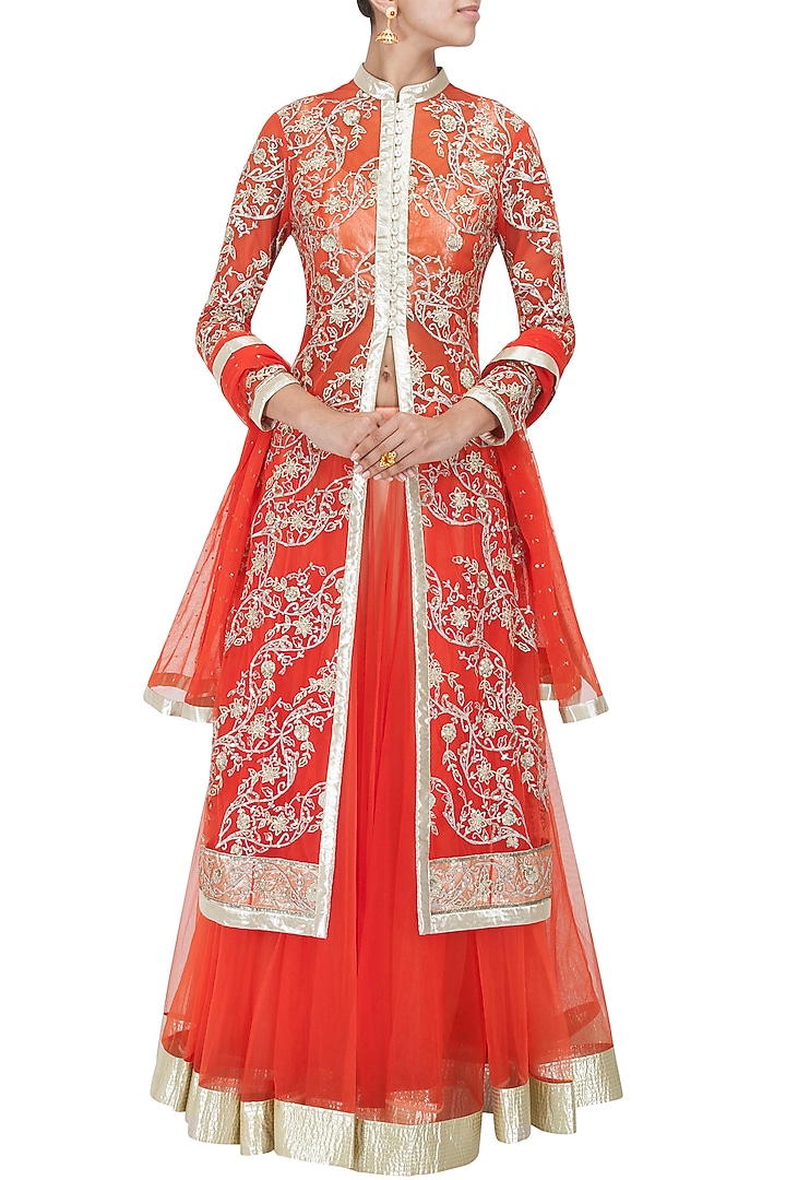 Orange sequins and gota embroidered lehenga set available only at Pernia's Pop-Up Shop.