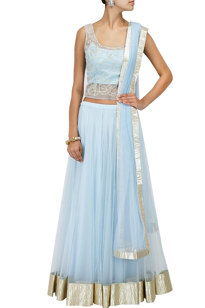 Light blue pearl embroidered lehenga set available only at Pernia's Pop-Up Shop.