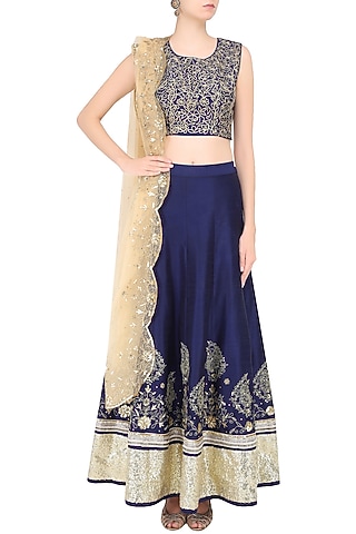Midnight Blue Zari Embroidered Sequinned Lehenga Set by Sakshi Gupta