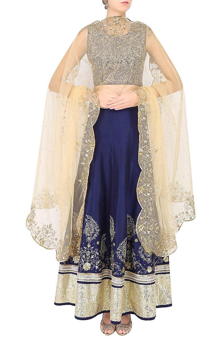 Midnight blue zari embroidered sequinned lehenga set available only at Pernia's Pop Up Shop.