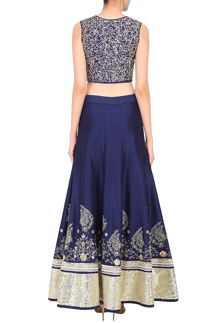 Midnight blue zari embroidered sequinned lehenga set available only at Pernia's Pop Up Shop.