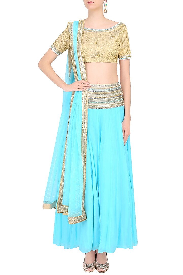 Light blue and gold zari embroidered lehenga set available only at Pernia's Pop Up Shop.