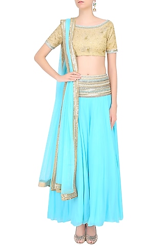 Light Blue and Gold Zari Embroidered Lehenga Set by Sakshi Gupta