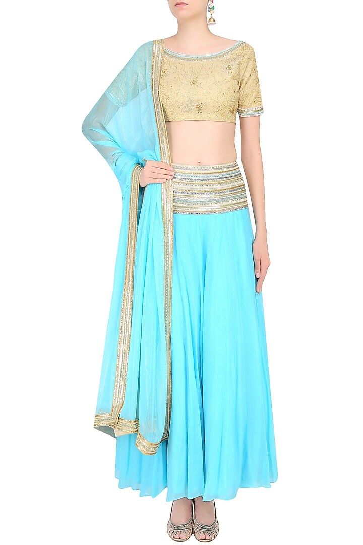 Light blue and gold zari embroidered lehenga set available only at Pernia's Pop Up Shop.