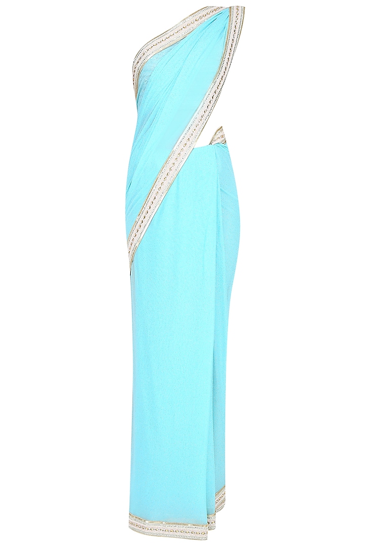 Light Blue Shimmer Saree With Sleeveless Sequinned Blouse by Sakshi Gupta
