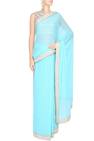 Light Blue Shimmer Saree With Sleeveless Sequinned Blouse by Sakshi Gupta