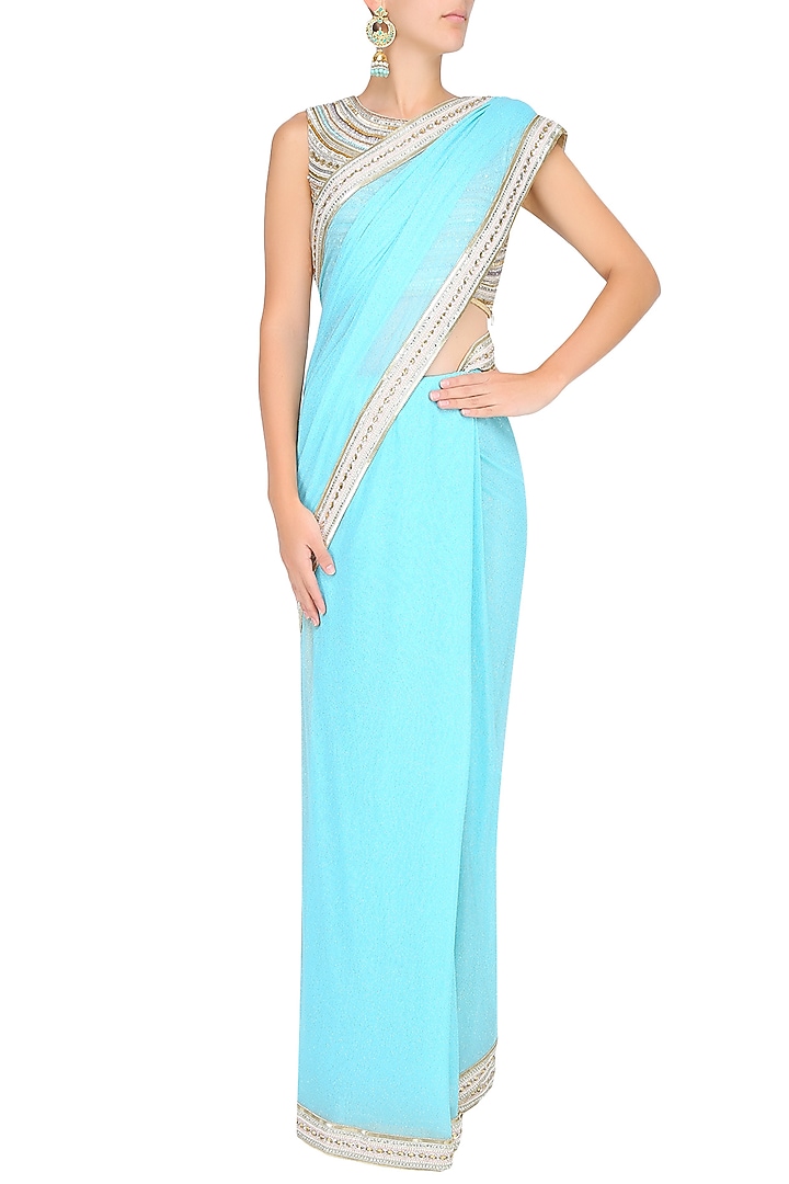Light blue shimmer saree with sleeveless sequinned blouse available only at Pernia's Pop Up Shop.