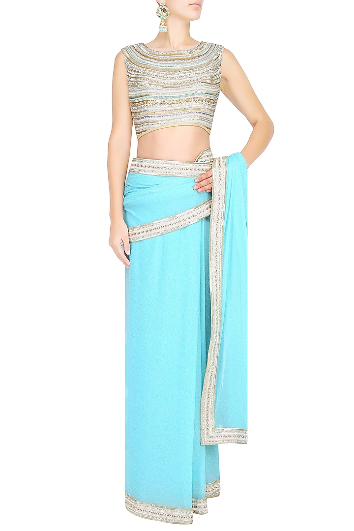 Light blue shimmer saree with sleeveless sequinned blouse available only at Pernia's Pop Up Shop.