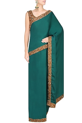 Bottle Green Nakshi Embroidered Saree With Antique Gold Blouse by Sakshi Gupta