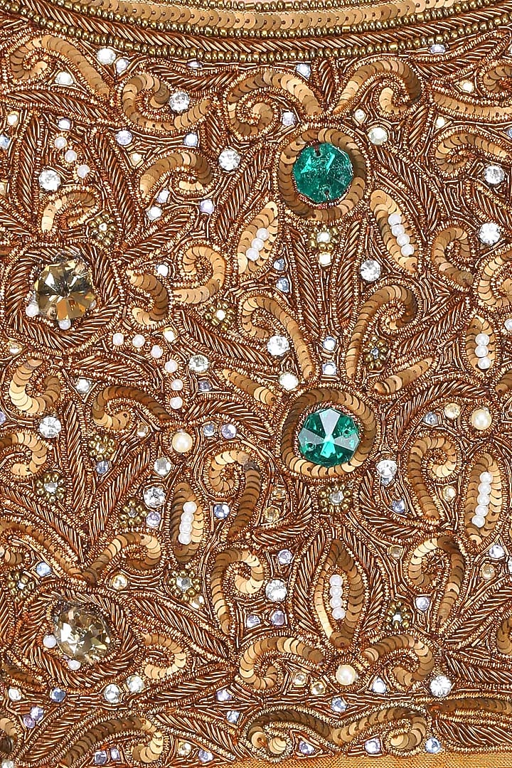 Bottle green nakshi embroidered saree with antique gold blouse available only at Pernia's Pop Up Shop.