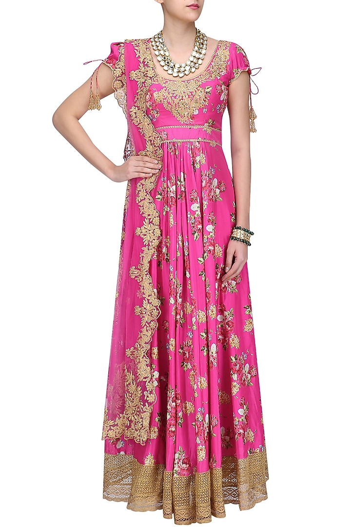 Pink floral embroidered anarkali kurta set available only at Pernia's Pop Up Shop.