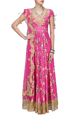 Pink Floral Embroidered Anarkali Kurta Set by Seema Khan
