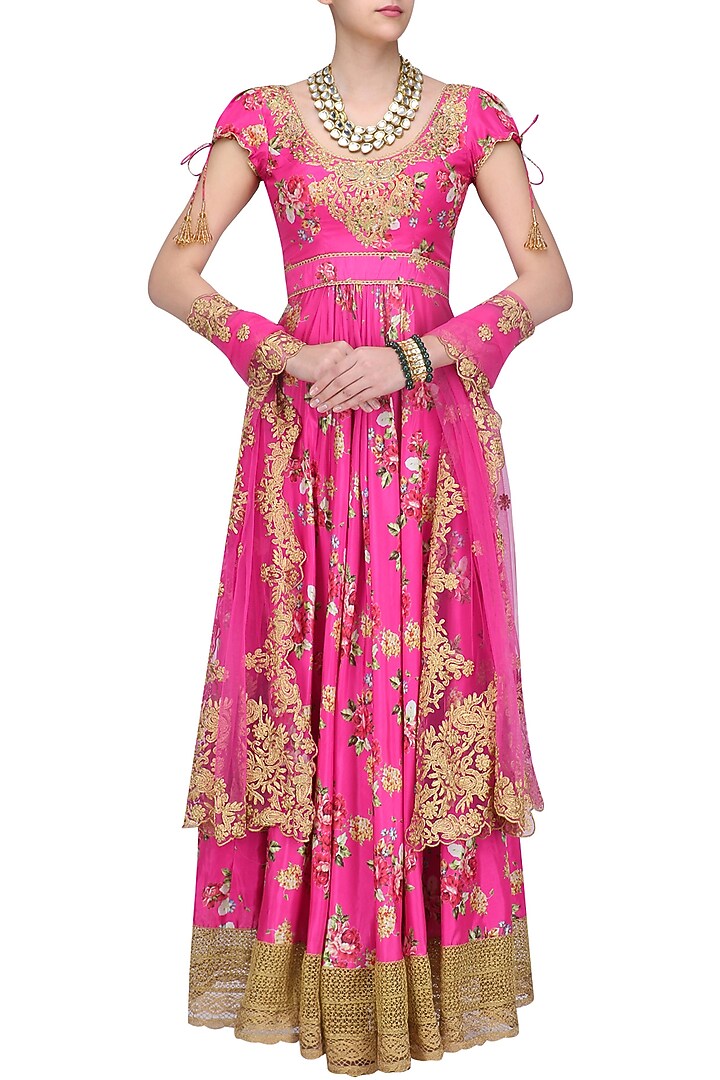 Pink floral embroidered anarkali kurta set available only at Pernia's Pop Up Shop.