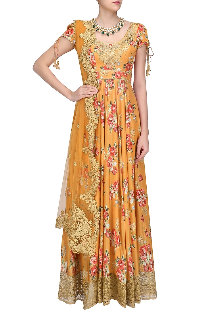 Orange floral embroidered anarkali kurta set available only at Pernia's Pop Up Shop.