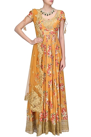 Orange Floral Embroidered Anarkali Kurta Set by Seema Khan
