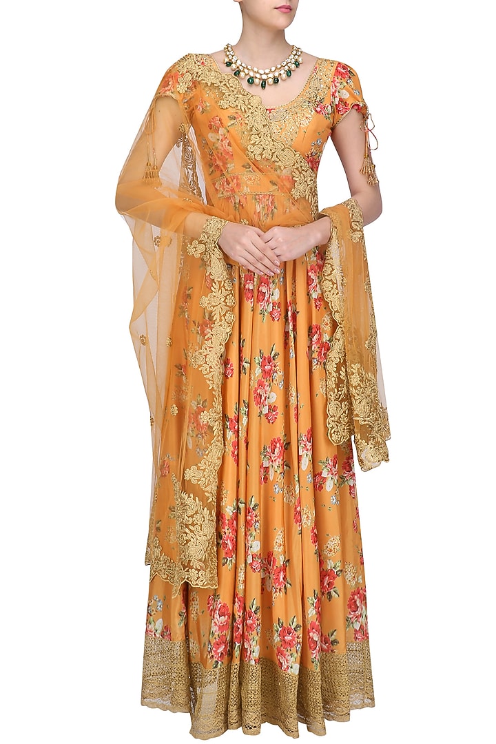 Orange floral embroidered anarkali kurta set available only at Pernia's Pop Up Shop.