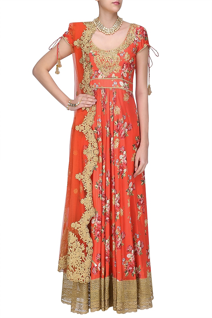 Red and gold floral embroidered anarkali kurta set available only at Pernia's Pop Up Shop.