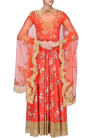 Red and Gold Floral Embroidered Anarkali Kurta Set by Seema Khan
