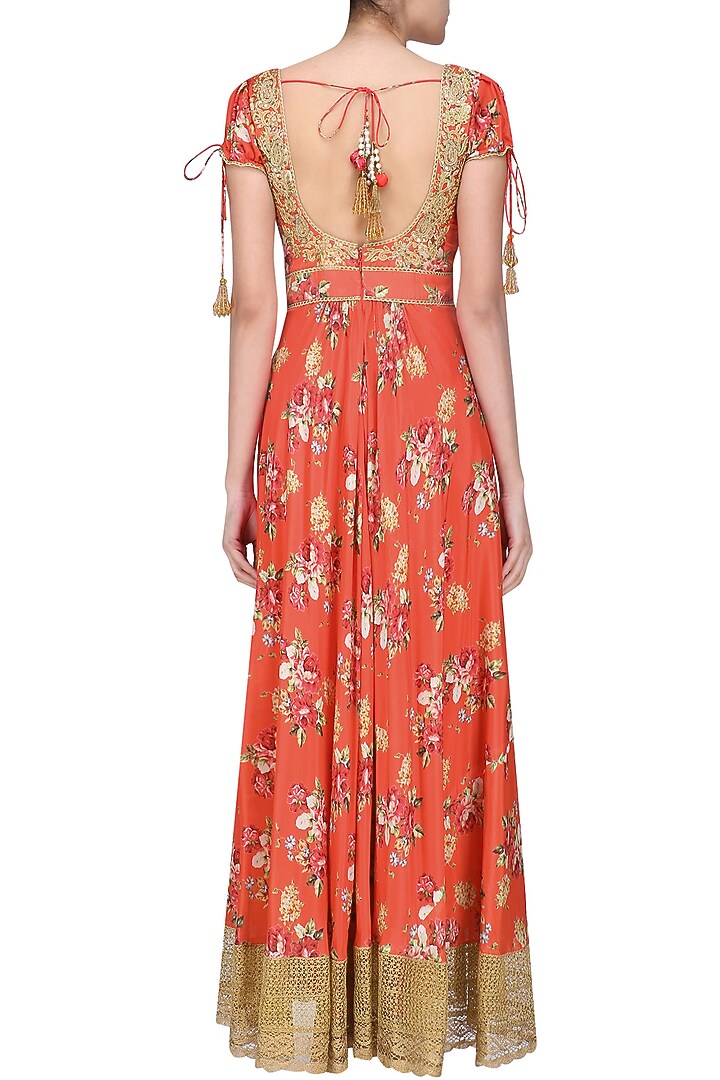 Red and gold floral embroidered anarkali kurta set available only at Pernia's Pop Up Shop.