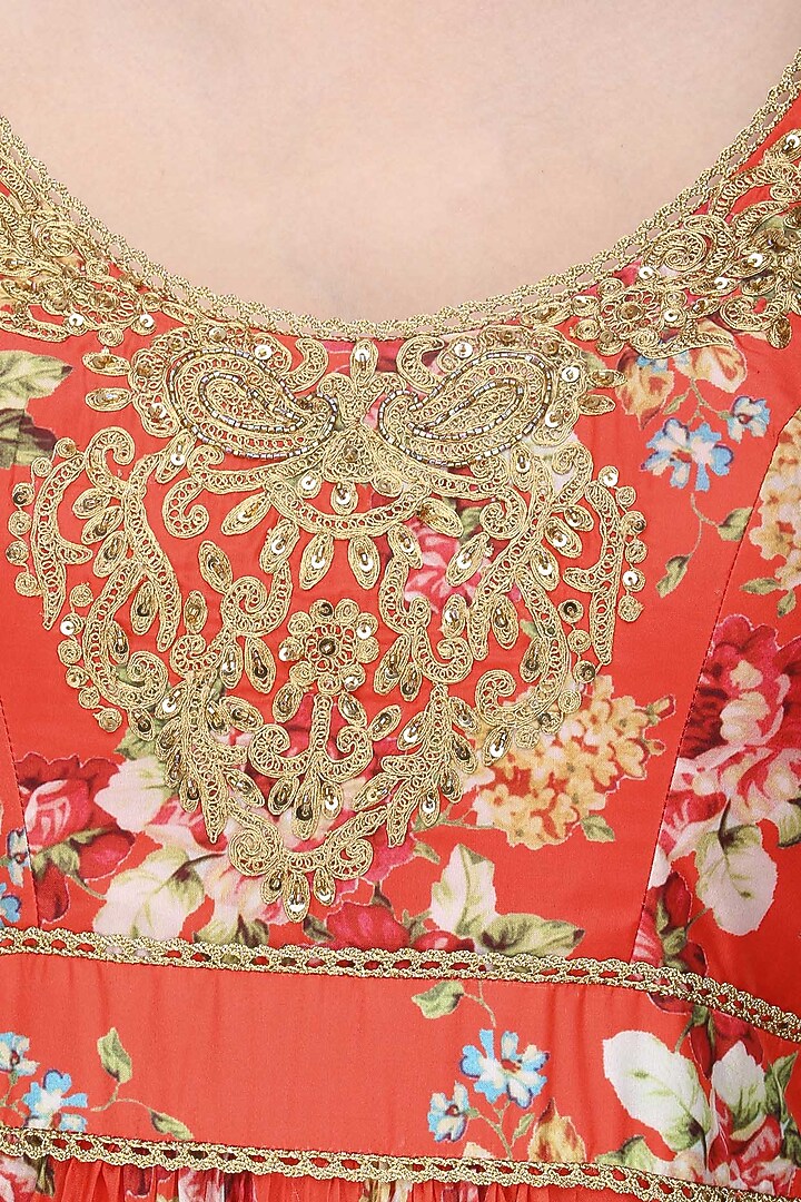 Red and gold floral embroidered anarkali kurta set available only at Pernia's Pop Up Shop.