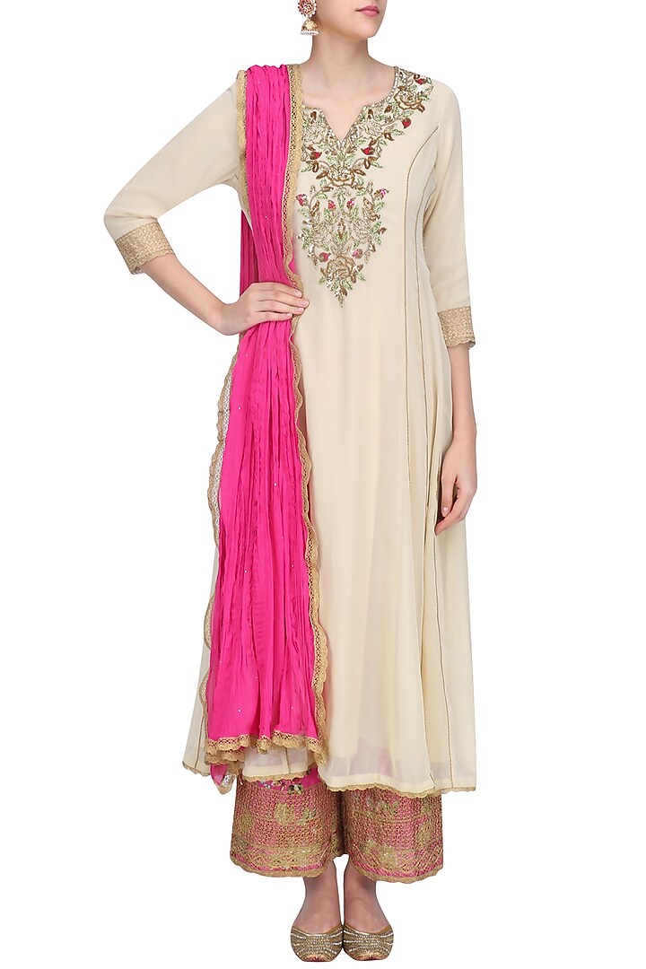Beige floral embroidered kalidaar kurta set with pink dupatta available only at Pernia's Pop Up Shop.