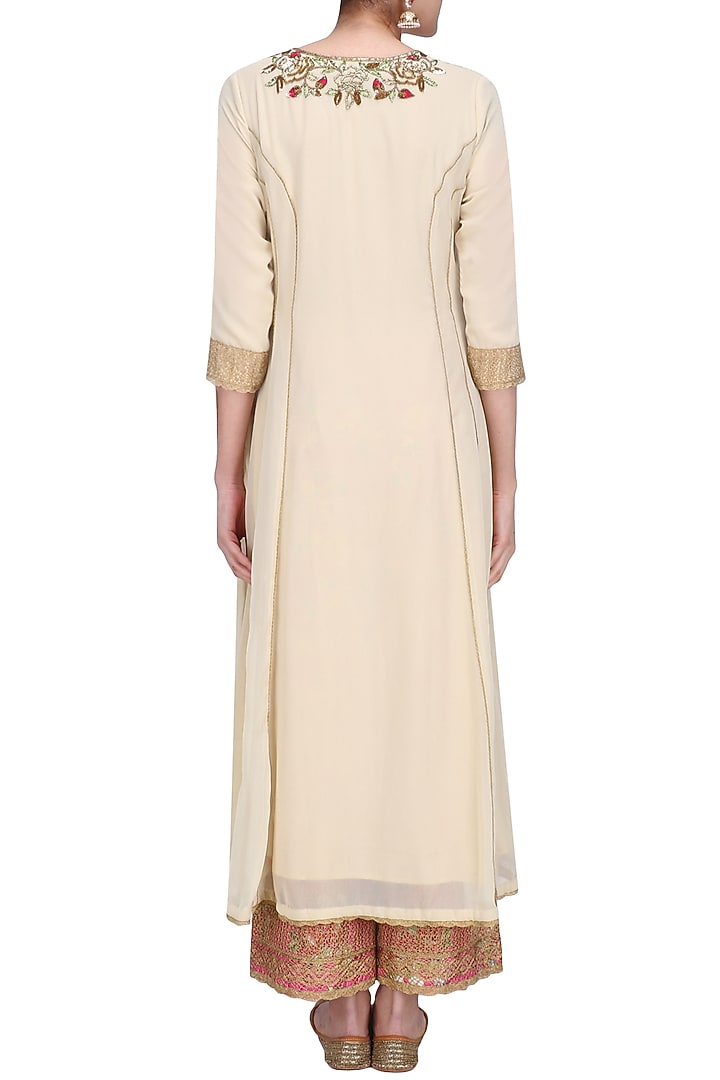 Beige floral embroidered kalidaar kurta set with pink dupatta available only at Pernia's Pop Up Shop.