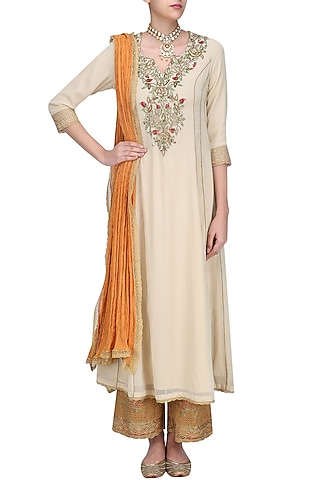 Beige Floral Embroidered Kalidaar Kurta Set with Orange Dupatta by Seema Khan