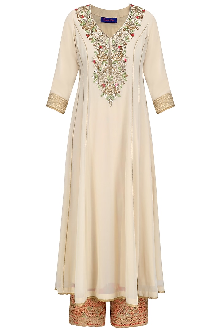 Beige floral embroidered kalidaar kurta set with red dupatta available only at Pernia's Pop Up Shop.