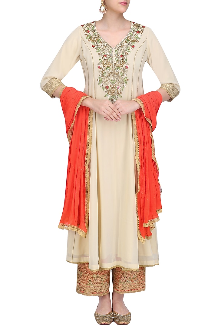 Beige floral embroidered kalidaar kurta set with red dupatta available only at Pernia's Pop Up Shop.