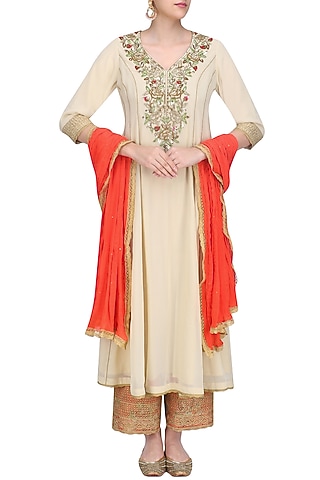 Beige Floral Embroidered Kalidaar Kurta Set with Red Dupatta by Seema Khan