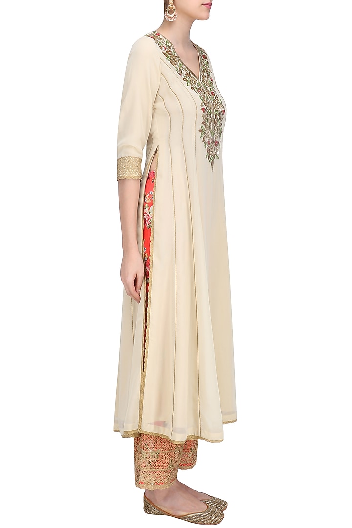 Beige floral embroidered kalidaar kurta set with red dupatta available only at Pernia's Pop Up Shop.