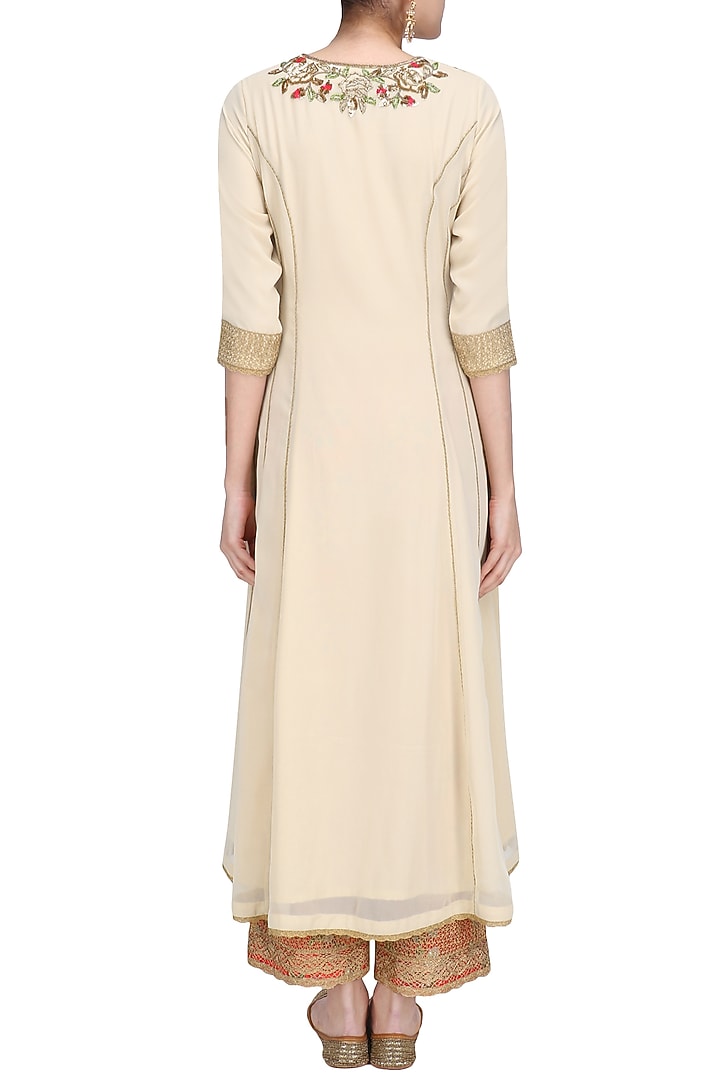 Beige floral embroidered kalidaar kurta set with red dupatta available only at Pernia's Pop Up Shop.