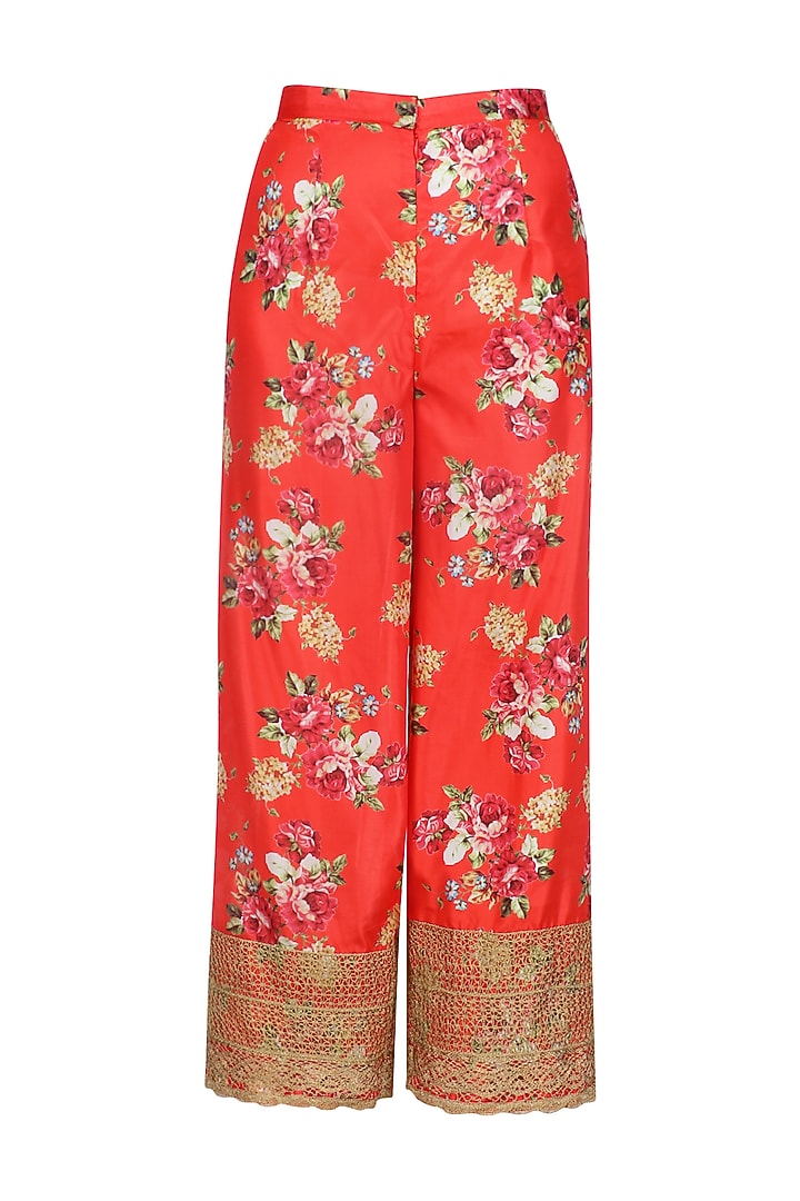 Beige floral embroidered kalidaar kurta set with red dupatta available only at Pernia's Pop Up Shop.