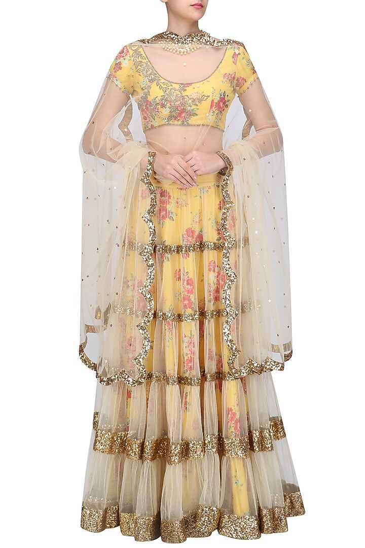Beige lehenga skirt and yellow floral embroidered blouse set available only at Pernia's Pop Up Shop.
