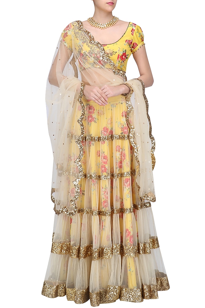 Beige lehenga skirt and yellow floral embroidered blouse set available only at Pernia's Pop Up Shop.