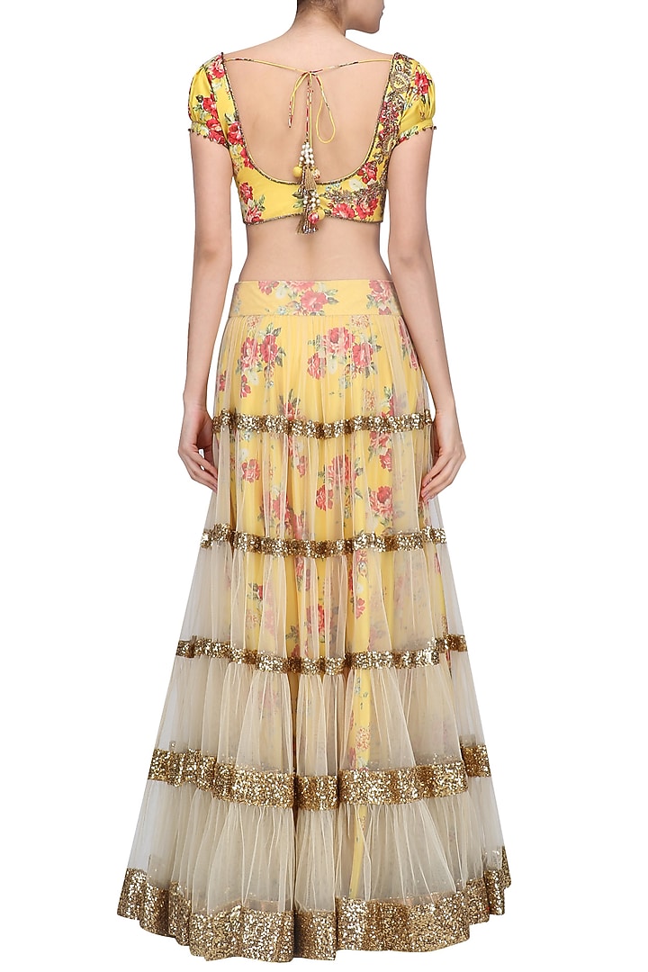 Beige lehenga skirt and yellow floral embroidered blouse set available only at Pernia's Pop Up Shop.