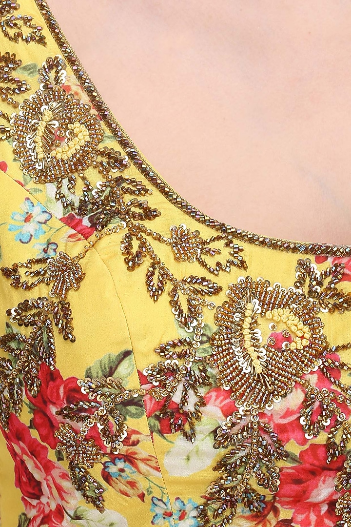 Beige lehenga skirt and yellow floral embroidered blouse set available only at Pernia's Pop Up Shop.