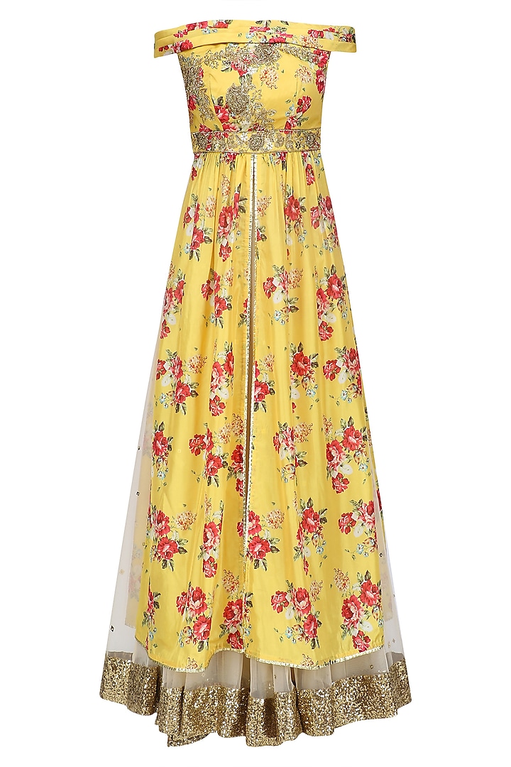 Yellow Floral Embroidered Off Shoulder Kurta and Skirt Set by Seema Khan