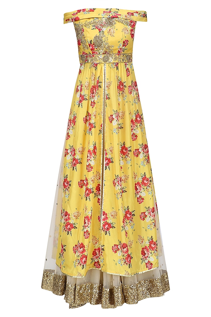 Yellow floral embroidered off shoulder kurta and skirt set available only at Pernia's Pop Up Shop.