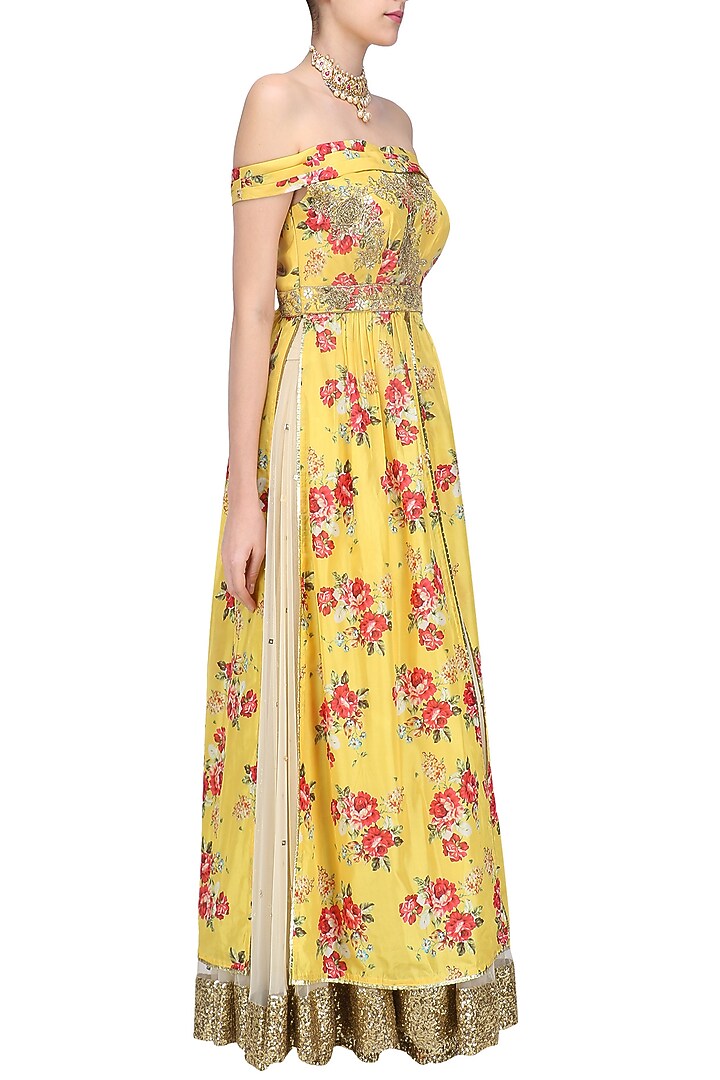 Yellow floral embroidered off shoulder kurta and skirt set available only at Pernia's Pop Up Shop.